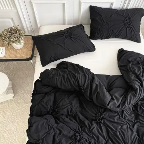 Rustic French Style Textured Flower Pinch Pleated Duvet Cover Set – Luxury All-Season Microfiber Bedding