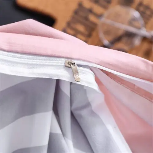 Blush Pink Love Heart Duvet Cover Queen – Reversible 3pc Microfiber Bedding Set with Blue & White Stripes