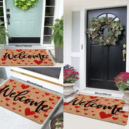 Valentine's Day Welcome Doormat - Red Heart Design, Non-Slip, Stain-Resistant Polyester for Indoor & Outdoor Decor