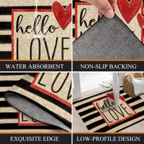 Valentine’s Day Love-Themed Welcome Mat - Non-Slip, Machine Washable, Striped & Heart Design, Ideal for Indoor & Outdoor Decor