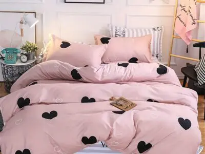 Blush Pink Love Heart Duvet Cover Queen – Reversible 3pc Microfiber Bedding Set with Blue & White Stripes