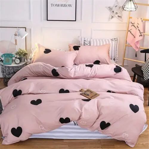 Blush Pink Love Heart Duvet Cover Queen – Reversible 3pc Microfiber Bedding Set with Blue & White Stripes