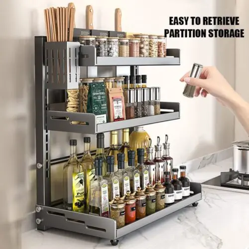 1pc Premium Steel Kitchen Storage Rack – Adjustable Countertop Organizer for Spices & Knives