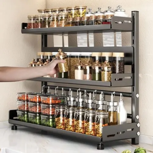 1pc Premium Steel Kitchen Storage Rack – Adjustable Countertop Organizer for Spices & Knives