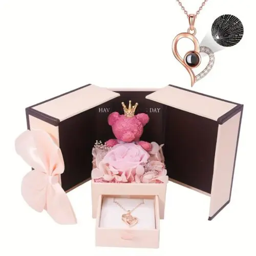 Elegant Rose & Bear Gift Box with Copper Heart Pendant Necklace – Perfect for All Gift-Giving Occasions, Copper Heart Pendant Necklace | Ideal for Birthday, Christmas, Valentine's Day, All-Season Party & Gift Giving Accessory