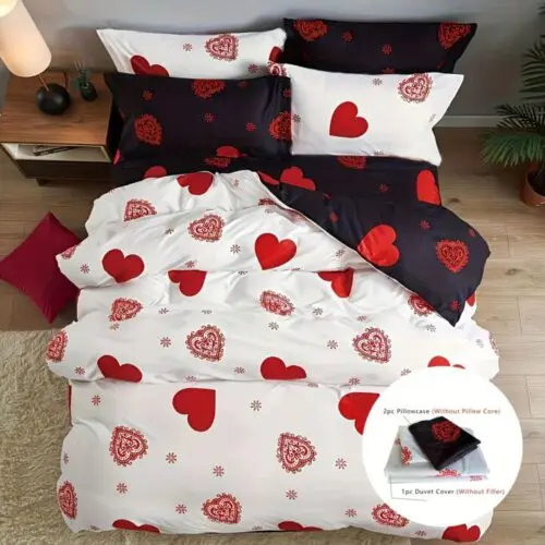 3pcs Duvet Cover Set – Red Love Print, Soft Breathable Polyester for Bedroom & Guest Room