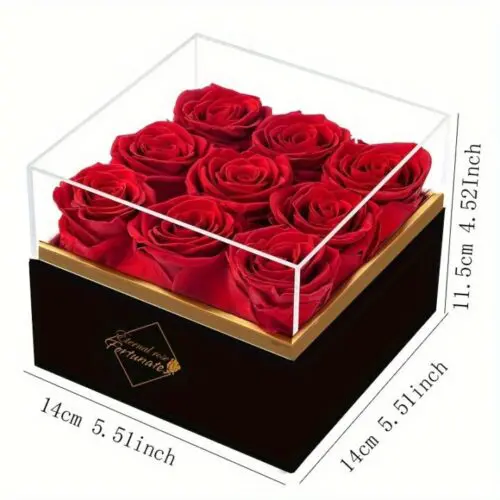 9pcs Eternal Rose Gift Set – Forever Roses in Acrylic Display Box for Valentine’s, Mother’s Day & Birthdays|Preserved & Immortalized for A Year -Includes "FOREVER LOVE" White Box with Clear Viewing Lid, Bouquet Accessories