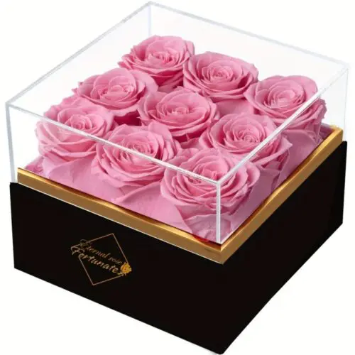 9pcs Eternal Rose Gift Set – Forever Roses in Acrylic Display Box for Valentine’s, Mother’s Day & Birthdays|Preserved & Immortalized for A Year -Includes "FOREVER LOVE" White Box with Clear Viewing Lid, Bouquet Accessories