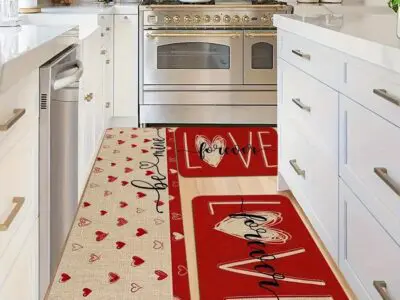 Valentine's Day Decoration Kitchen Set Carpet - 2/3pcs Non-Slip Washable Rugs, Love Font Pattern, Stain-Resistant Fleece for Home