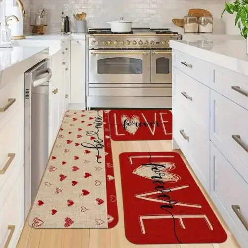 Valentine's Day Decoration Kitchen Set Carpet - 2/3pcs Non-Slip Washable Rugs, Love Font Pattern, Stain-Resistant Fleece for Home