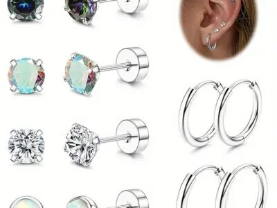 Hypoallergenic Stainless Steel Earrings Set - Studs, Hoops & Opal CZ Flatback Designs, Cartilage Piercing Jewelry