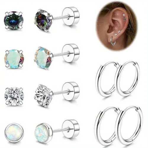 Hypoallergenic Stainless Steel Earrings Set - Studs, Hoops & Opal CZ Flatback Designs, Cartilage Piercing Jewelry