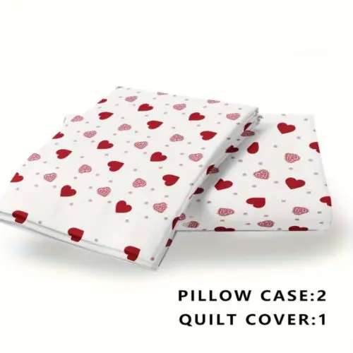 3pcs Duvet Cover Set – Red Love Print, Soft Breathable Polyester for Bedroom & Guest Room