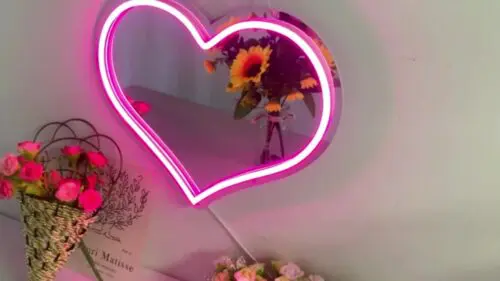 Heart Neon Mirror Pink Love Heart Neon Sign – Dimmable USB LED Light for Wall Decor & Gifts