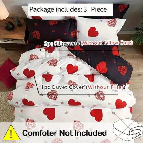 3pcs Duvet Cover Set – Red Love Print, Soft Breathable Polyester for Bedroom & Guest Room