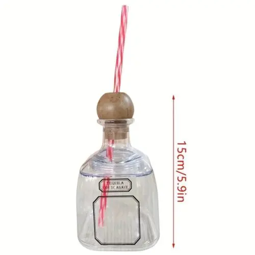 1pc Mini Tequila Bottle – 12.68oz Reusable Acrylic Spirits Container with Cork & Straw, Travel-Size 375ml
