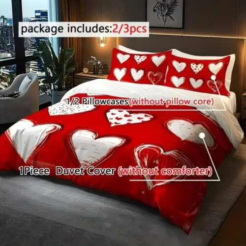 2/3pcs Valentine’s Day Love Pattern Quilt Cover Set – Soft Polyester All-Season Bedding