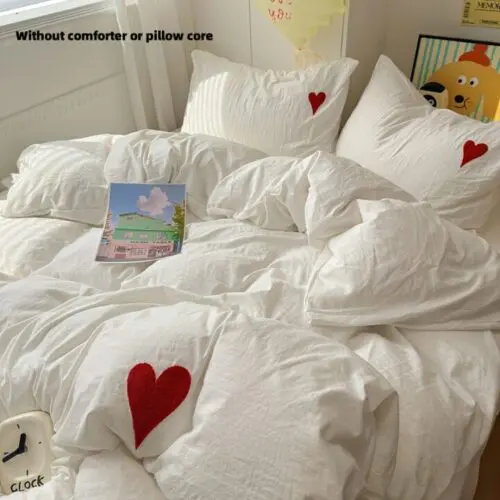 4pcs Modern Solid Color Heart Embroidered Bedding Set – Soft All-Season Polyester, Duvet Cover & Pillowcases