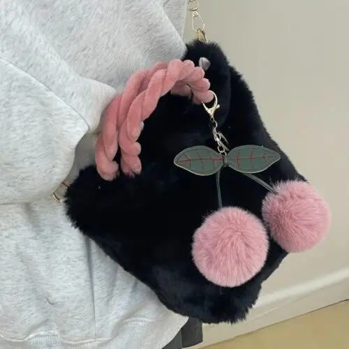Cherry Keychain – Fluffy Faux Fur Car Hanging Accessory, Cute Backpack Charm, All-Season Decoration