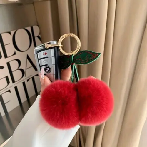 Cherry Keychain – Fluffy Faux Fur Car Hanging Accessory, Cute Backpack Charm, All-Season Decoration