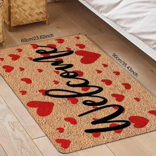 Valentine's Day Welcome Doormat - Red Heart Design, Non-Slip, Stain-Resistant Polyester for Indoor & Outdoor Decor