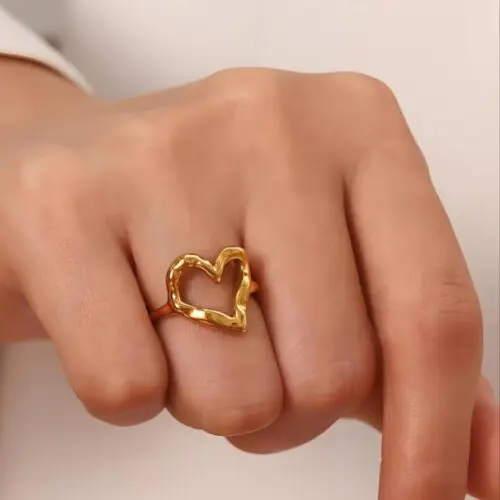 1pc Fashion Simple Love Heart Shaped Stainless Steel Ring – 18K Gold Plated Adjustable Opening for Men & Women