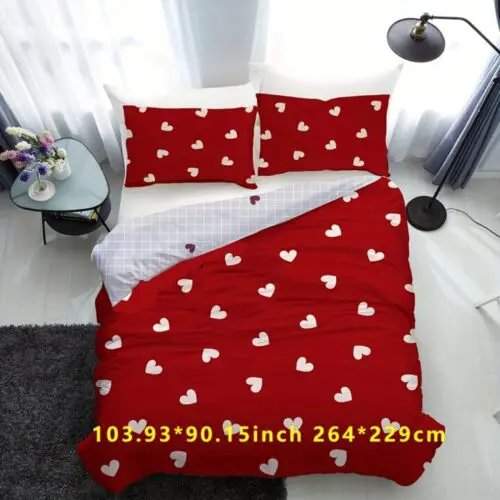 3pcs Cozy Love Story Bedding Set – Maroon Heart Pattern Duvet Cover & Pillowcases, All-Season Comfort