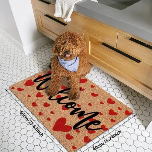 Valentine's Day Welcome Doormat - Red Heart Design, Non-Slip, Stain-Resistant Polyester for Indoor & Outdoor Decor