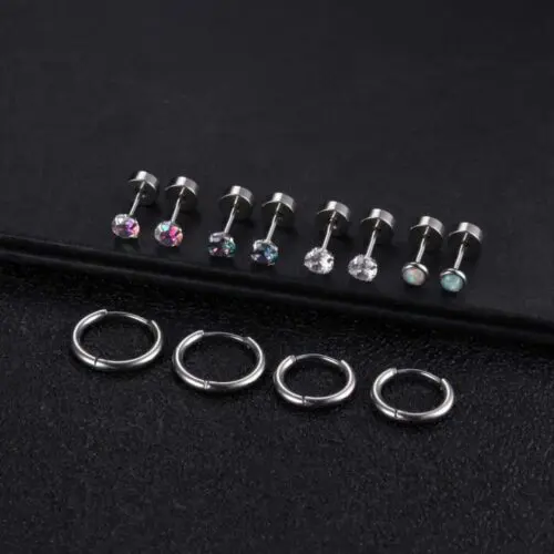 Hypoallergenic Stainless Steel Earrings Set - Studs, Hoops & Opal CZ Flatback Designs, Cartilage Piercing Jewelry