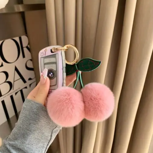 Cherry Keychain – Fluffy Faux Fur Car Hanging Accessory, Cute Backpack Charm, All-Season Decoration