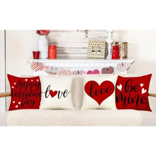 Valentine’s Day Pillow Covers - 18x18 Set of 4, Red Love Geometric Design, Farmhouse Style Throw Cushion Cases