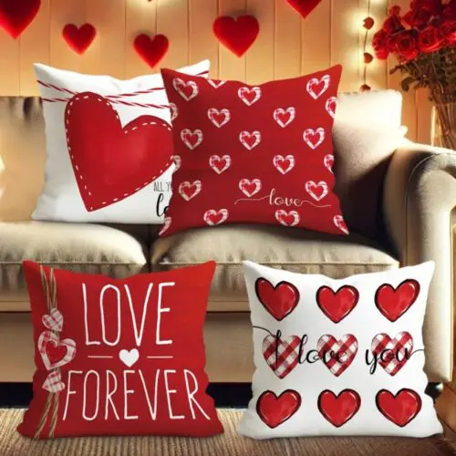 4pcs Valentine’s Day Velvet Throw Pillow Covers – Red & White Plaid Heart Design, Zipper Closure