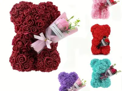 Elegant Rose Bear with Lifelike Artificial Flowers - Perfect Valentine’s, Mother’s Day, Wedding & Home Decor Gift
