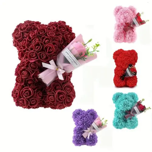 Elegant Rose Bear with Lifelike Artificial Flowers - Perfect Valentine’s, Mother’s Day, Wedding & Home Decor Gift