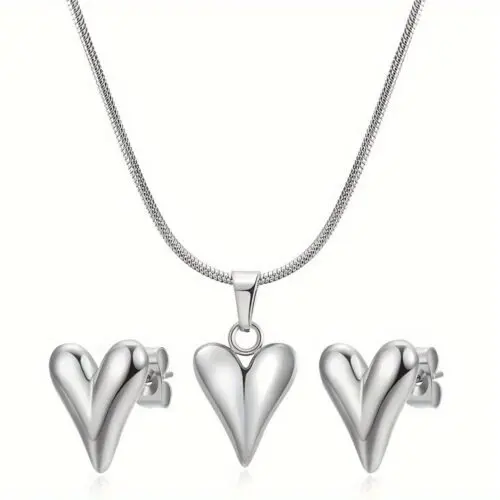 Stainless Steel Three Dimensional Heart Shaped Earring Necklace Set – 18K Gold Plated Jewelry for Women