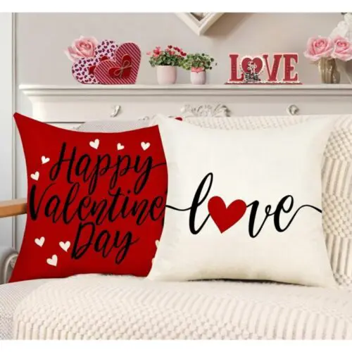 Valentine’s Day Pillow Covers - 18x18 Set of 4, Red Love Geometric Design, Farmhouse Style Throw Cushion Cases