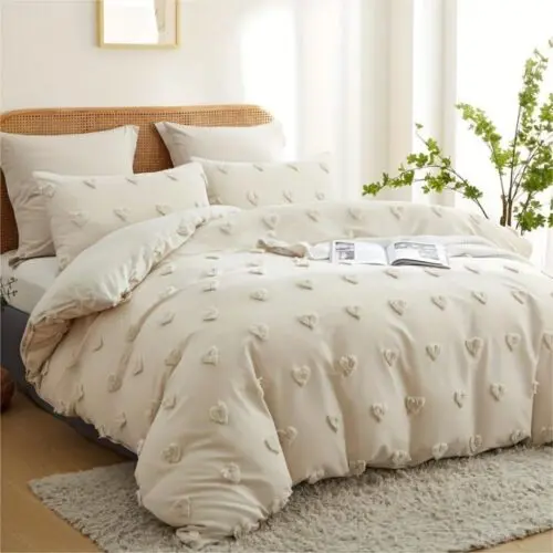 Heart Tufted Duvet Cover Set – Shabby Chic Embroidered Lightweight Microfiber Bedding for All Seasons