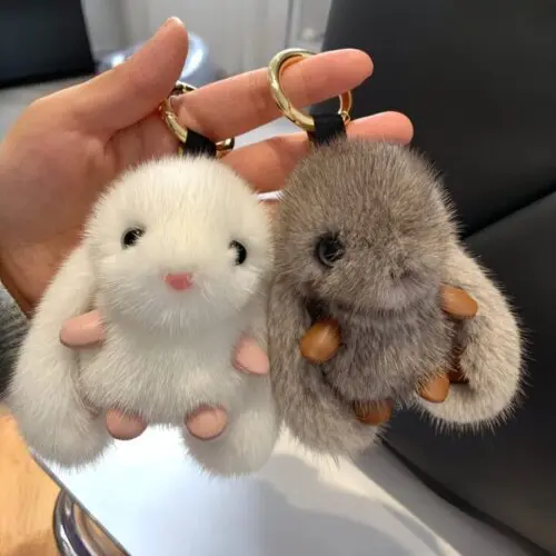 FKZNPJ Adorable Plush Bunny Keychain – Soft Rabbit Charm with Golden Ring for Bags & Keys