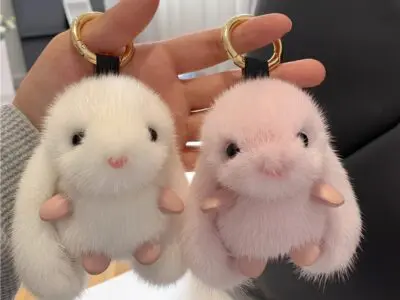 FKZNPJ Adorable Plush Bunny Keychain – Soft Rabbit Charm with Golden Ring for Bags & Keys