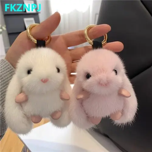 FKZNPJ Adorable Plush Bunny Keychain – Soft Rabbit Charm with Golden Ring for Bags & Keys
