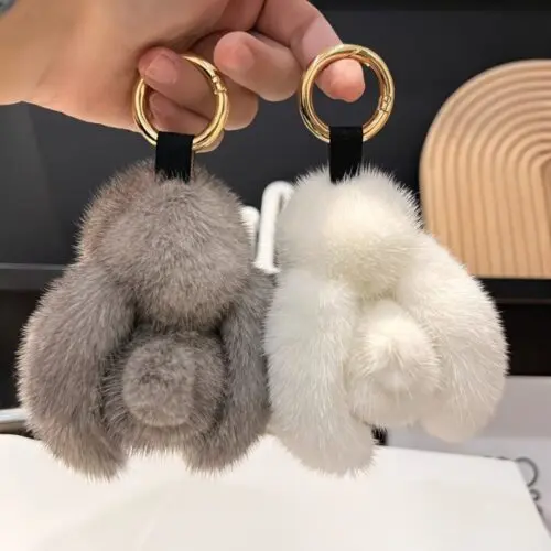 FKZNPJ Adorable Plush Bunny Keychain – Soft Rabbit Charm with Golden Ring for Bags & Keys