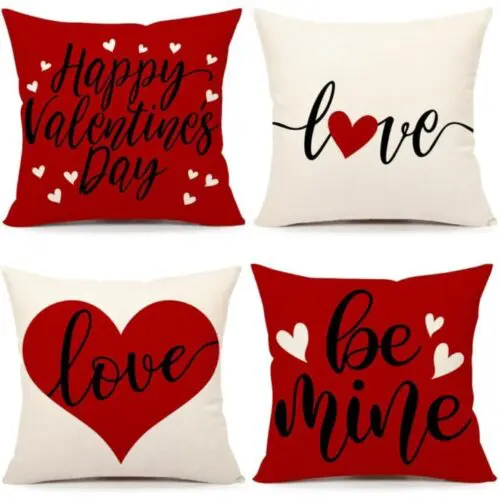 Valentine’s Day Pillow Covers - 18x18 Set of 4, Red Love Geometric Design, Farmhouse Style Throw Cushion Cases