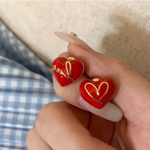 Red Heart Stud Earrings - Elegant & Cute Zinc Alloy Design with Stainless Steel Posts, Perfect Valentine’s Day Gift