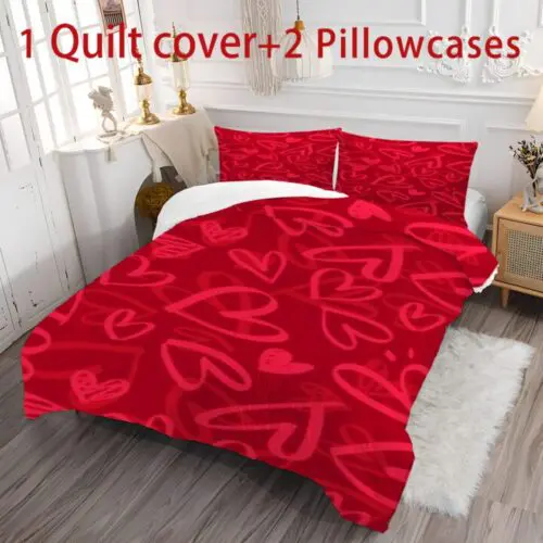 3pcs Contemporary Heart Pattern Bedding Set – Soft All-Season Polyester with Zipper Closure