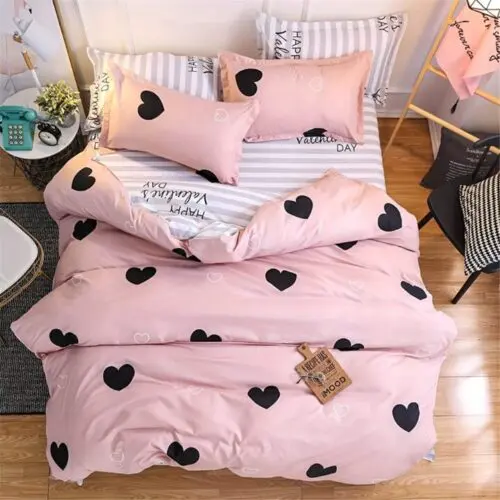 Blush Pink Love Heart Duvet Cover Queen – Reversible 3pc Microfiber Bedding Set with Blue & White Stripes