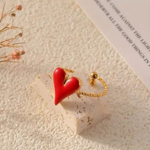 Elegant Red Heart 18K Gold Plated Stainless Steel Adjustable Ring – Perfect for Daily Wear & Weddings