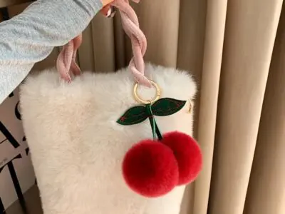 Cherry Keychain - Fluffy Faux Fur Car Hanging Accessory, Cute Backpack Charm, All-Season Decoration