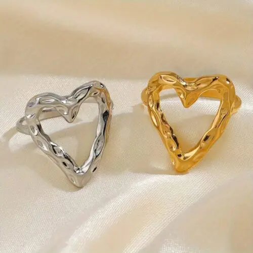 1pc Fashion Simple Love Heart Shaped Stainless Steel Ring – 18K Gold Plated Adjustable Opening for Men & Women