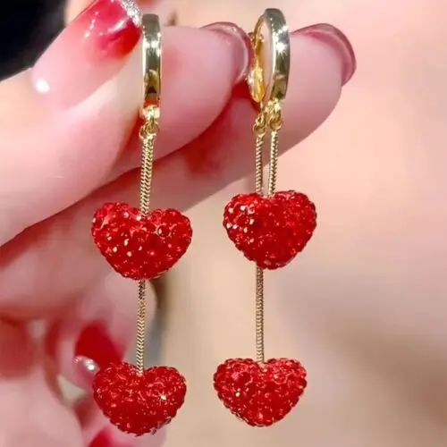 Exquisite Fashion Heart Cross Earrings - Copper Rhinestone Design, 925 Sterling Silver Posts, Elegant Ladies’ Gift
