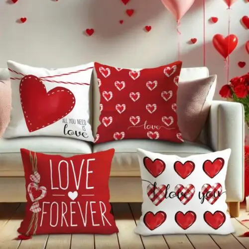 4pcs Valentine’s Day Velvet Throw Pillow Covers – Red & White Plaid Heart Design, Zipper Closure